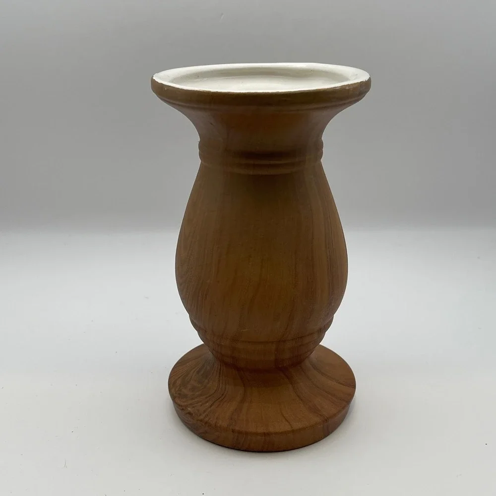 Rustic Ceramic Faux Wood Grain Urn Vase Candle Holder Brown White 7 Inch Decor